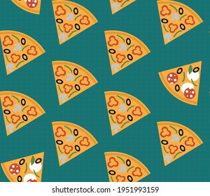Spring seamless geometric pattern with the image of pizza, vegetables, food. Vector design for web banner, business presentation, brand package, fabric, print, wallpaper, postcard.