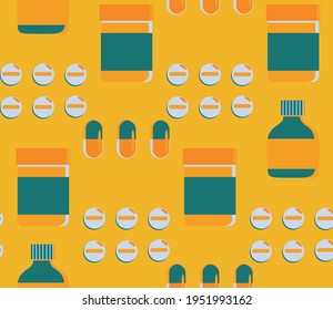 Spring seamless geometric pattern with the image of pills, pills, medicines. Vector design for web banner, business presentation, brand package, fabric, print, wallpaper, postcard.