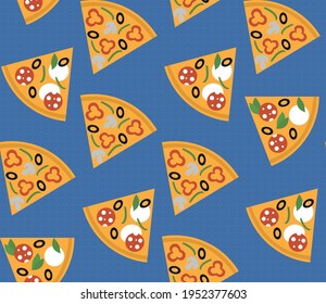Spring seamless geometric pattern with the image of pizza, vegetables, food. Vector design for web banner, business presentation, brand package, fabric, print, wallpaper, postcard.