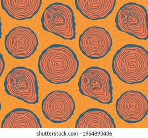 Spring seamless geometric pattern with the image of a tree, circles, a cut of the trunk. Vector design for web banner, business presentation, brand package, fabric, print, wallpaper, postcard.