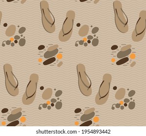 Spring seamless geometric pattern with the image of pebbles, summer shoes, sand, rest. Vector design for web banner, business presentation, brand package, fabric, print, wallpaper, postcard.