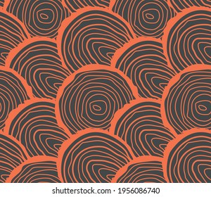 Spring seamless geometric pattern with the image of a tree, circles, a cut of the trunk. Vector design for web banner, business presentation, brand package, fabric, print, wallpaper, postcard.