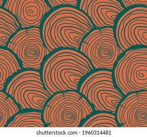 Spring seamless geometric pattern with the image of a tree, circles, a cut of the trunk. Vector design for web banner, business presentation, brand package, fabric, print, wallpaper, postcard.