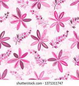 Spring seamless grunge pattern with rose flowers and branches with leaves. Vector eps 10