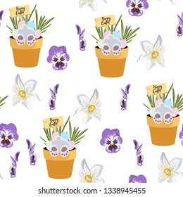 Spring seamless Happy Easter patterns with green twigs, grasses, narcissus and viola flowers, eggs, bunny in pot on a white background.