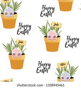 Spring seamless Happy Easter patterns with green twigs, branches, blue, yellow flowers, eggs, bunny in pot on a white background.