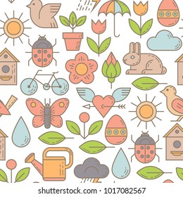 Spring seamless patten. Spring linear elements, hello spring, spring is coming. Vector illustration.