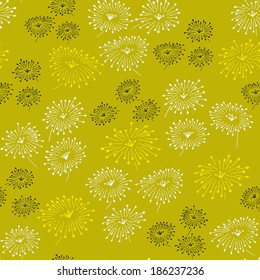 Spring seamless pattern with abstract flowers. Endless yellow background. Template for design and decoration.