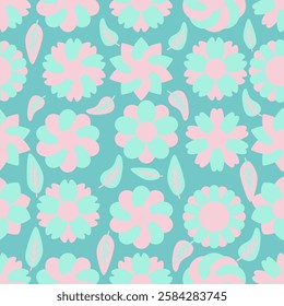 spring seamless pattern abstract leaf and flower background with leaves, hand drawing flat color