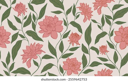Spring seamless pattern, background with hand drawn pink dahlia flowers