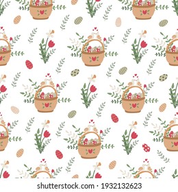 Spring seamless pattern. Baskets full of colorful eggs, daffodil and tulip spring flowers. Lovely birds. Great for fabrics, wrapping papers, covers. Easter design. Vector hand drawn illustration.