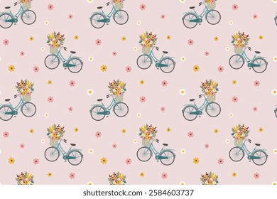 Spring seamless pattern with bicycle and wild flowers in basket. Vector illustration