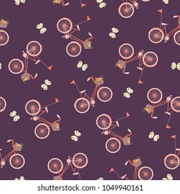 Spring seamless pattern. Bike/bicycle with a flag and floral basket and butterflies around. Vector endless wallpaper.