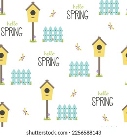 patrón sin fisuras primaverales con casa de aves, valla, flores y libélulas, textura de jardinería, papel tapiz, fondo lindo para niños, ilustración vectorial en estilo plano