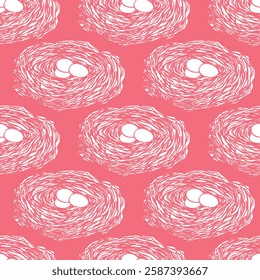 Spring seamless pattern with Bird nest with eggs. Easter hand drawn vector illustration, holiday design.