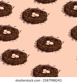 Spring seamless pattern with Bird nest with eggs. Easter hand drawn vector illustration, holiday design.