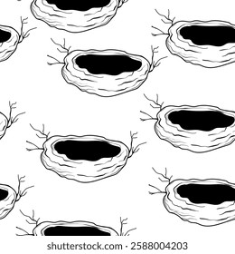 Spring seamless pattern with Bird nest with eggs. Easter hand drawn vector illustration, holiday design.