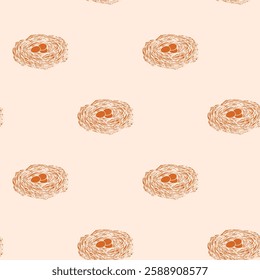 Spring seamless pattern with Bird nest with eggs. Easter hand drawn vector illustration, holiday design.