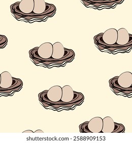 Spring seamless pattern with Bird nest with eggs. Easter hand drawn vector illustration, holiday design.