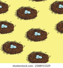 Spring seamless pattern with Bird nest with eggs. Easter hand drawn vector illustration, holiday design.