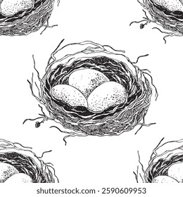 Spring seamless pattern with Bird nest with eggs. Easter hand drawn vector illustration, holiday design.