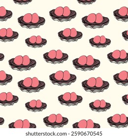 Spring seamless pattern with Bird nest with eggs. Easter hand drawn vector illustration, holiday design.