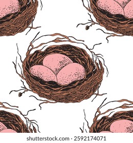 Spring seamless pattern with Bird nest with eggs. Easter hand drawn vector illustration, holiday design.