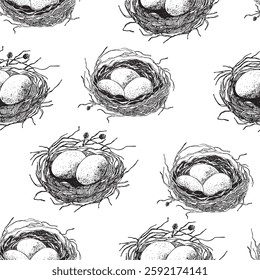 Spring seamless pattern with Bird nest with eggs. Easter hand drawn vector illustration, holiday design.