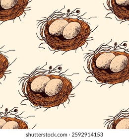 Spring seamless pattern with Bird nest with eggs. Easter hand drawn vector illustration, holiday design.