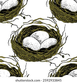 Spring seamless pattern with Bird nest with eggs. Easter hand drawn vector illustration, holiday design.