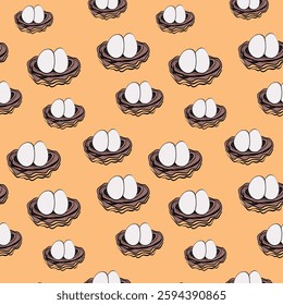 Spring seamless pattern with Bird nest with eggs. Easter hand drawn vector illustration, holiday design.