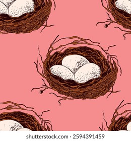 Spring seamless pattern with Bird nest with eggs. Easter hand drawn vector illustration, holiday design.