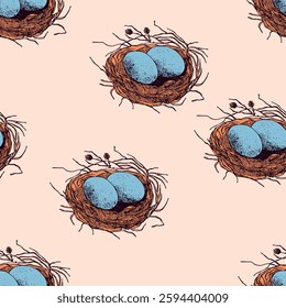 Spring seamless pattern with Bird nest with eggs. Easter hand drawn vector illustration, holiday design.