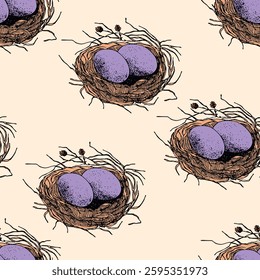 Spring seamless pattern with Bird nest with eggs. Easter hand drawn vector illustration, holiday design.