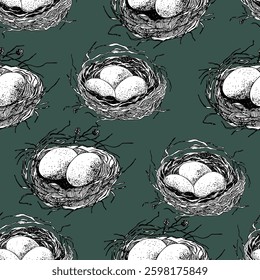 Spring seamless pattern with Bird nest with eggs. Easter hand drawn vector illustration, holiday design.