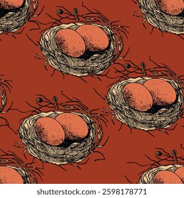 Spring seamless pattern with Bird nest with eggs. Easter hand drawn vector illustration, holiday design.