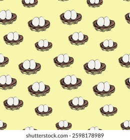 Spring seamless pattern with Bird nest with eggs. Easter hand drawn vector illustration, holiday design.