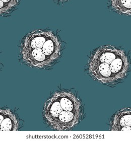 Spring seamless pattern with Bird nest with eggs. Easter hand drawn vector illustration, holiday design.