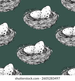 Spring seamless pattern with Bird nest with eggs. Easter hand drawn vector illustration, holiday design.