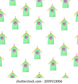 Spring seamless pattern with birdhouses. A flat hand-drawn vector illustration in a cartoon style. A delightful childrens pattern for fabrics, textiles, packaging, background.