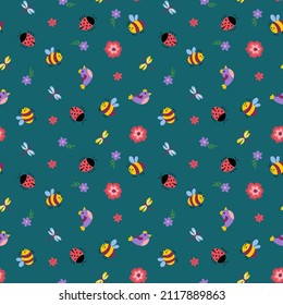 Spring seamless pattern. Birds, bees, dragonflies, ladybugs and flowers. Endless textures for your design.