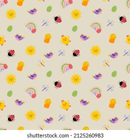 Spring seamless pattern. Birds, chickens, ladybugs, Easter cakes, Easter eggs, rainbow, sun. Design for fabric, textile, wallpaper, packaging.	