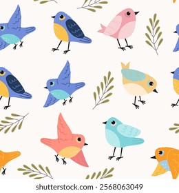 Spring seamless pattern with birds. Floral springtime hand drawn illustration.
