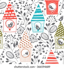 Spring seamless pattern with birds, floral and birdhouses.Cartoon vector illustration.