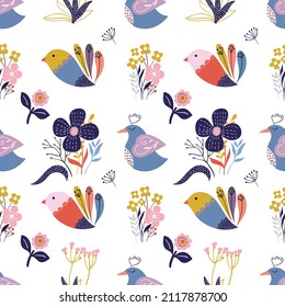 Spring seamless pattern with birds and flowers, folk style design, decorative wallpaper