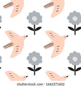 Spring seamless pattern. Birds folk nordic floral ornament. Paper cut animals in flat modern scandinavian style. Hand drawn colored set. Hygge and lagom design concept. Vector EPS clip art