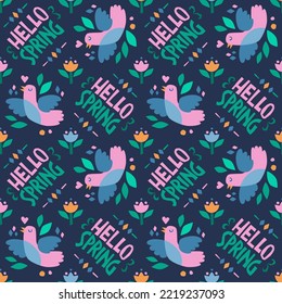 Spring seamless pattern with birds and hand drawn lettering phrase Hello Spring. Cute vector art of flowers, birds and festive words. Creative typography pattern design with childish cut out arts