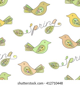 Spring seamless pattern with birds and Spring inscription. Design element for background, textile, paper packaging, wrapping paper and other. Vector illustration.
