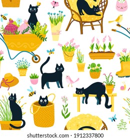 Spring seamless pattern with black cats in a simple hand-drawn cartoon style. Gardening theme. Vector childish colorful illustrations of characters in different poses in nature, in garden furniture.