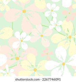 Spring seamless pattern with blooming branches, leaves and flowers in soft pastel colors. The texture of the drawing with wax crayons